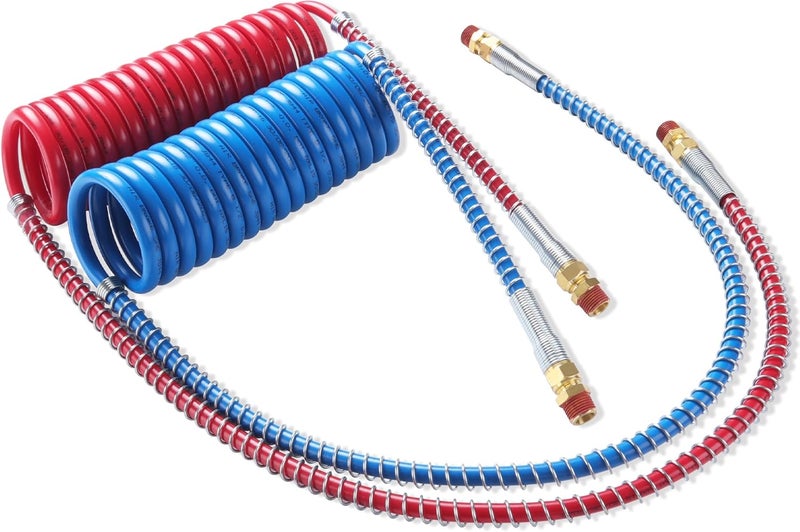 Ailbiuko Semi Truck Air Brake Line Hose Coil Assembly Coiled Set Airline Kit Blue Red Pigtail Air Hose for Tractor Trailer,1/2" NPT DOT Fittings (15' Length x 40" Tractor Lead) - Image 1